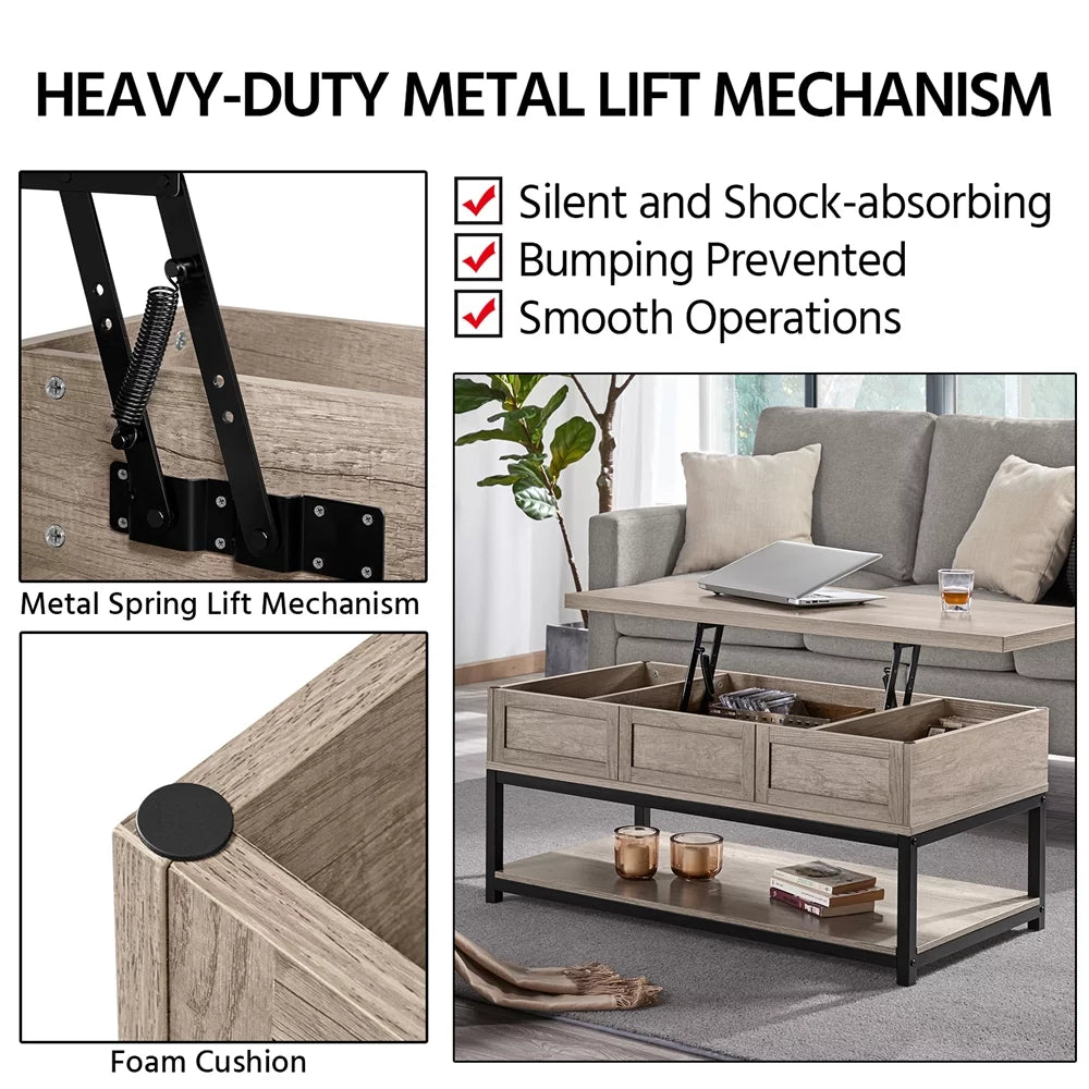 Rustic Gray Wooden Lift Top Coffee Table with Storage Shelf R762
