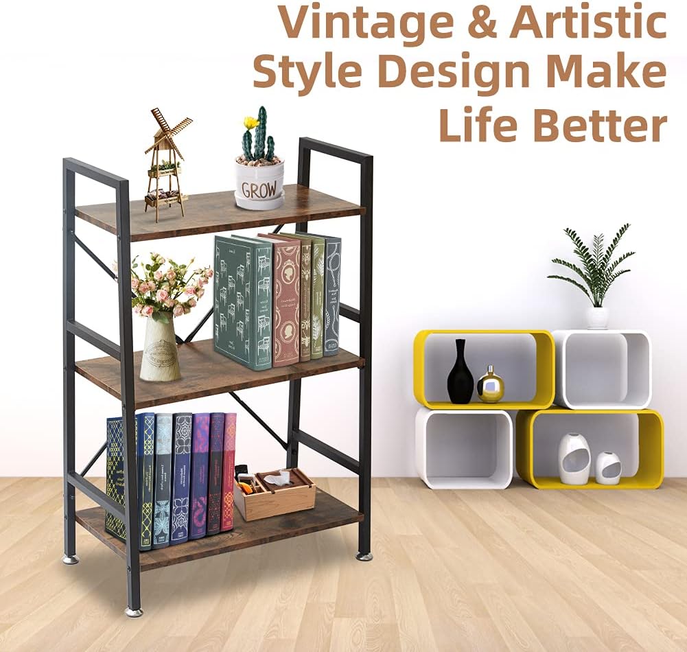 3 Tier Wood and Metal Rustic Brown Bookshelf X2331