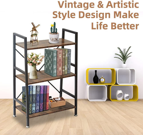 3 Tier Wood and Metal Rustic Brown Bookshelf X2331