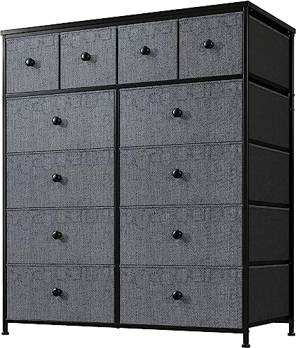 12 Drawer Fabric Dresser with Metal Frame, Wood Top, Light Grey V6209