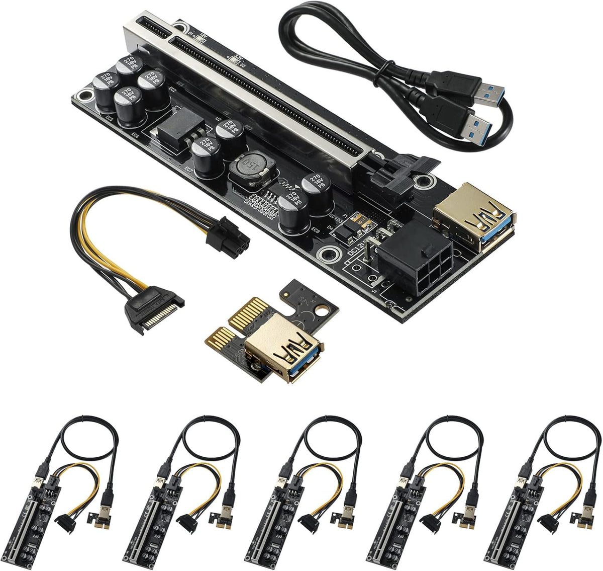 PCIE Riser with 6PIN SATA Power Cable and 60cm USB 3.0 Cable, 6 Pack H807062