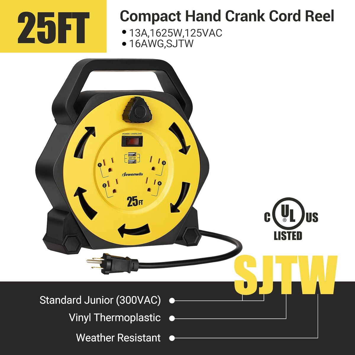 25FT Retractable Extension Cord Reel with 4 Outlets and 2 USB Ports W346631
