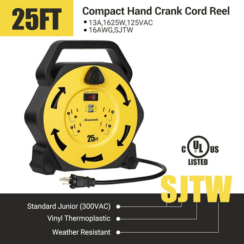 25FT Retractable Extension Cord Reel with 4 Outlets and 2 USB Ports W346631