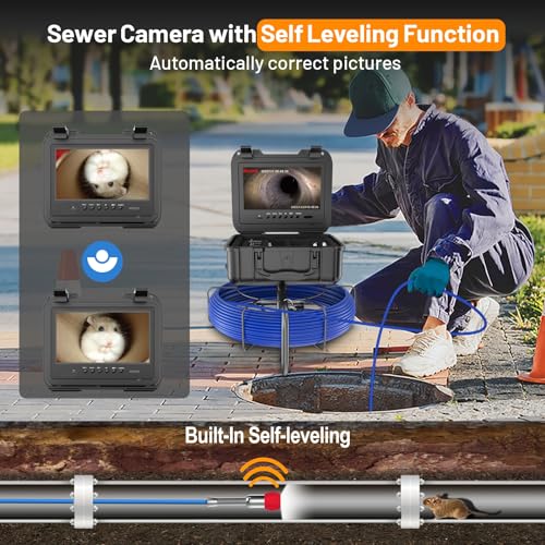 Self-Leveling Sewer Camera 100FT, 9" HD Screen Pipe Borescope Drain Inspection with 12pcs LED Light, DVR Recorder with 32GB Card, IP68 Waterproof Plumbing Cam, 7mm Cable with Depth Marker J308