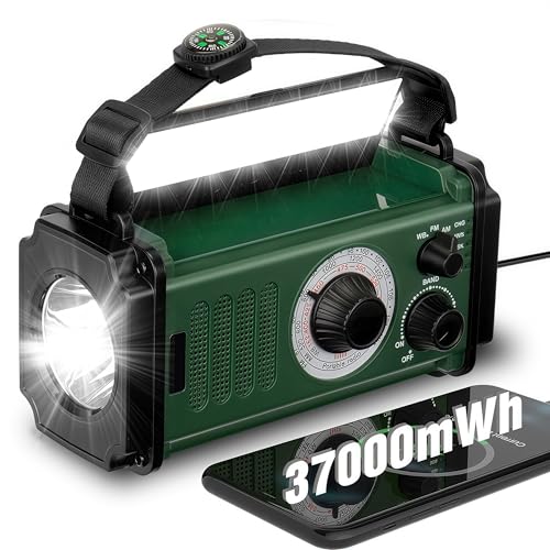 37000mWh Hand Crank Solar NOAA AM FM Weather Radio with Flashlight Reading Lamp SOS Alarm Compass Power Bank S499