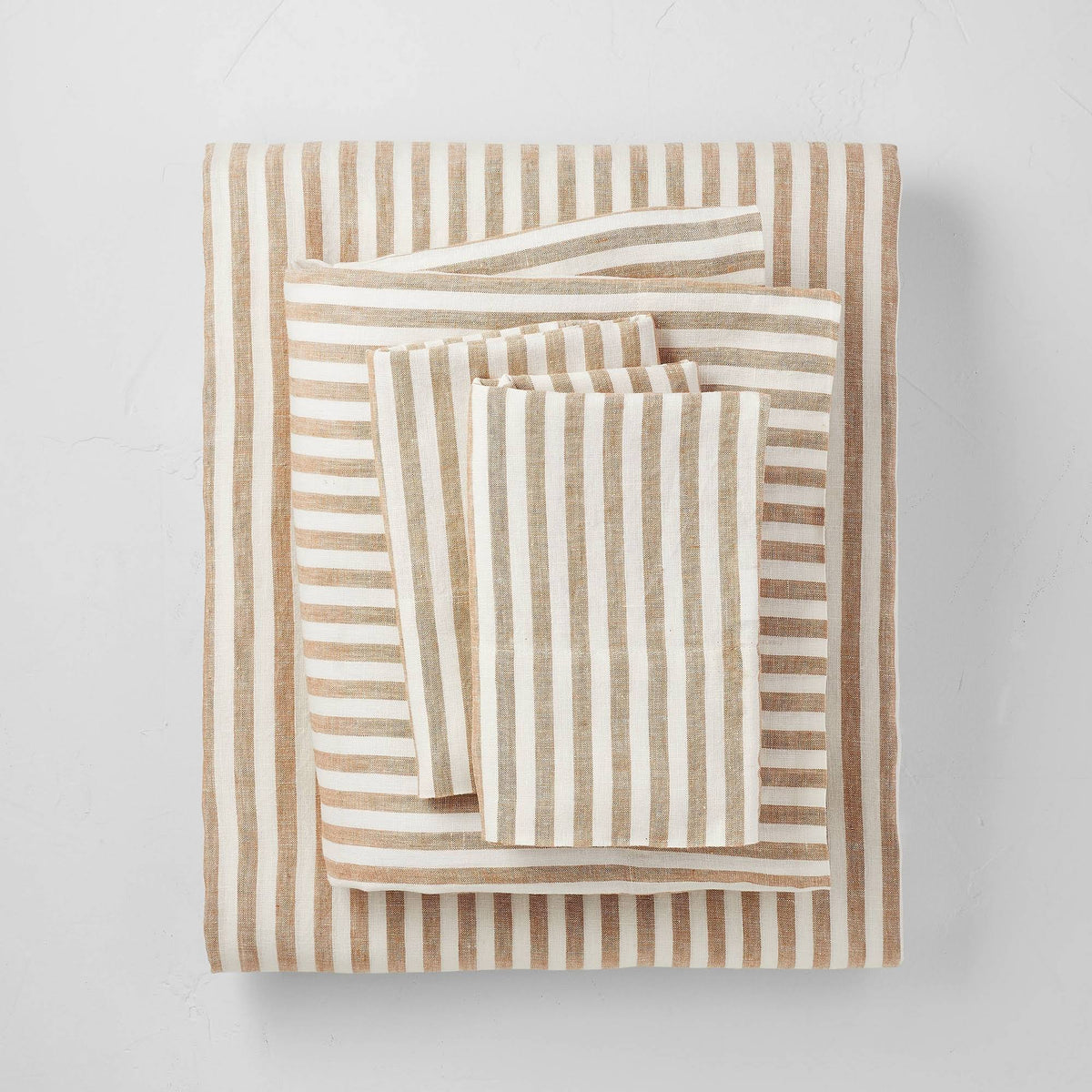 100% Washed Linen Printed Sheet Set Brown Stripe P9451