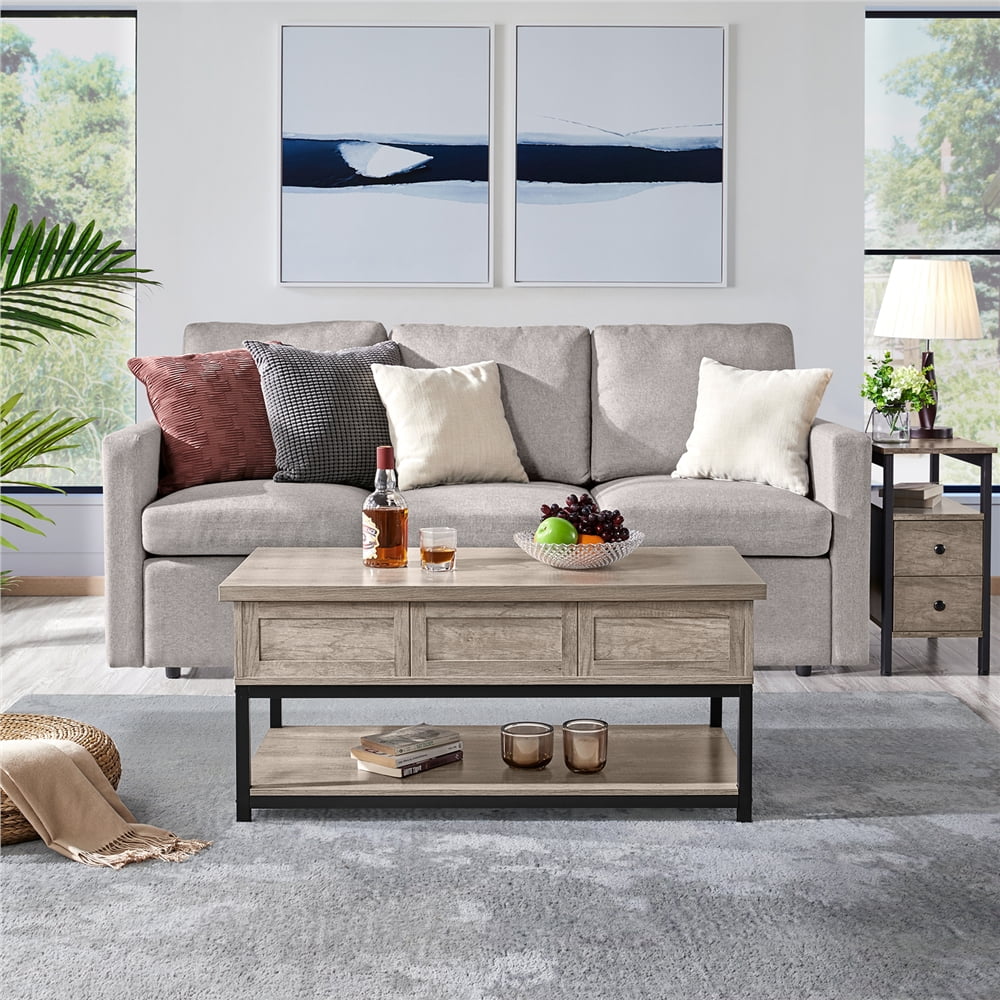 Rustic Gray Wooden Lift Top Coffee Table with Storage Shelf R762