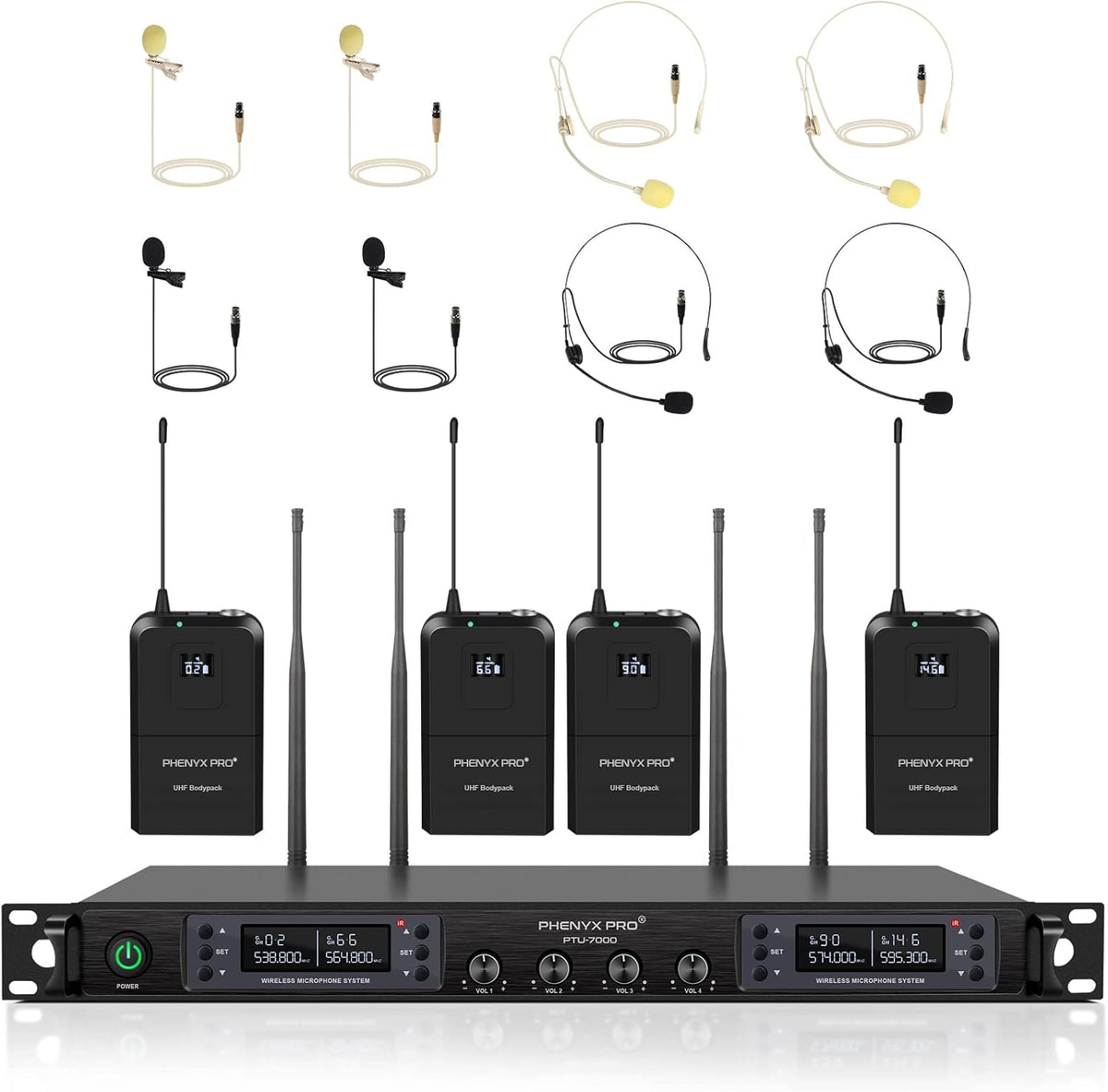 Wireless Microphone System, Quad Channel Cordless Mic Set with Four Bodypacks and Headsets/Lapels R414