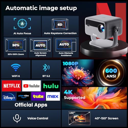 Smart Projector with WiFi and Bluetooth, 600 ANSI Native 1080P, 360° Rotation 4K Support F674