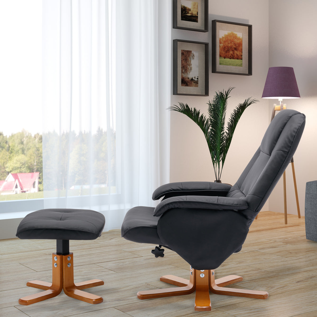 Beige Faux Leather Swivel Recliner Chair with Ottoman and Wood Base O56500