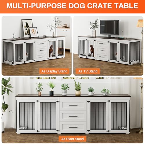 94.5" Dog Crate Furniture with 3 Storage Drawer, 4 Bowls, Grey J857326