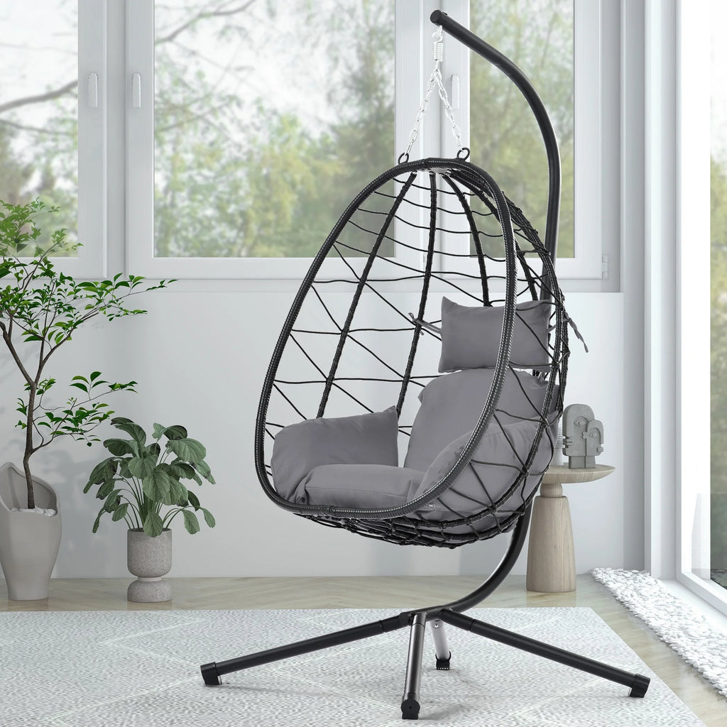 Egg Chair with Stand, Steel Frame Swing Chair Max 350Lbs with Cushions & Pillow Gray Z942422
