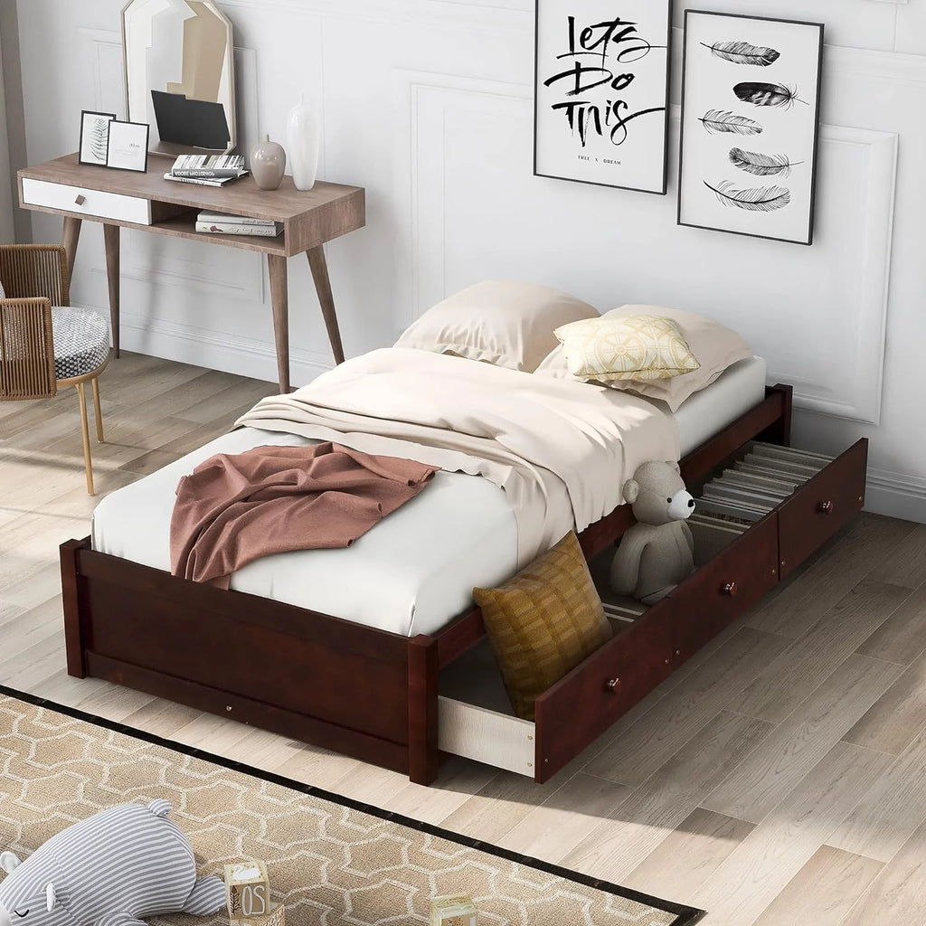 Platform Storage Bed with 3 Drawers Solid Wood Cherry C4021