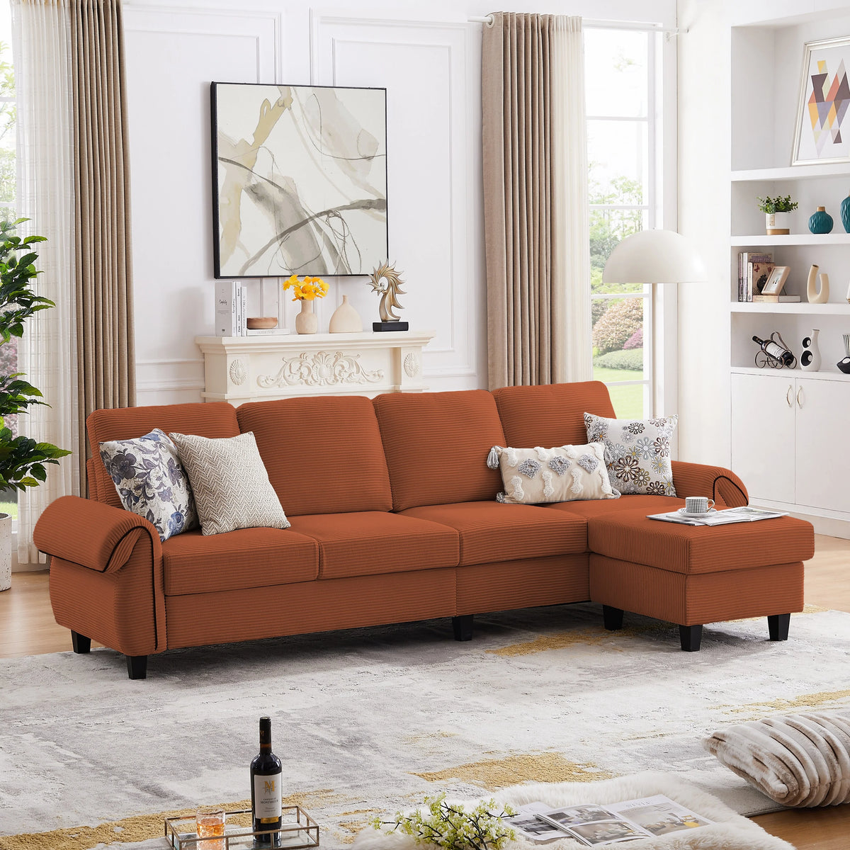 Grey Corduroy L Shaped Sectional Sofa with Reversible Ottoman V63626