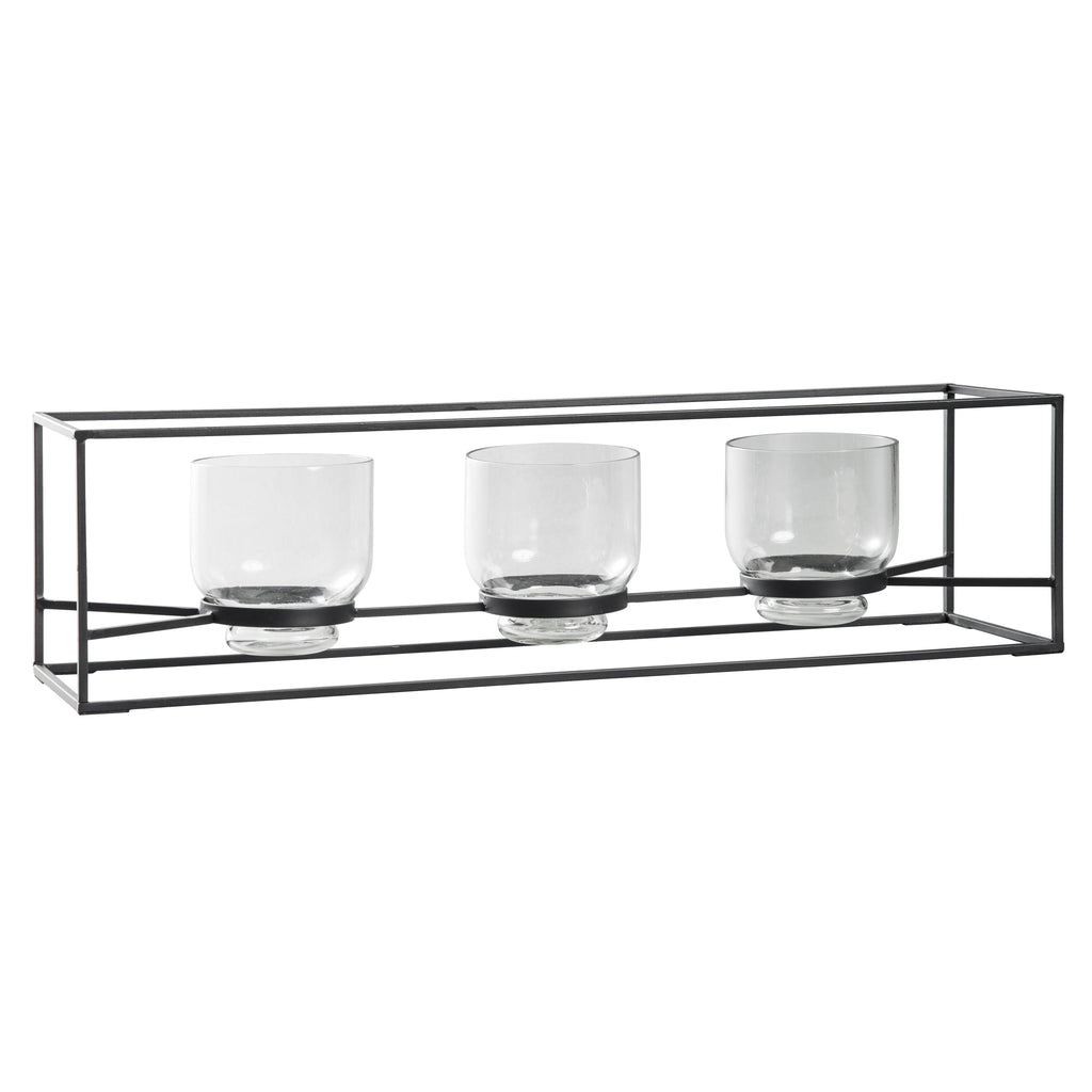 3 Glass Hurricane Candle Holders with Metal Frame, Black and Gold K6317