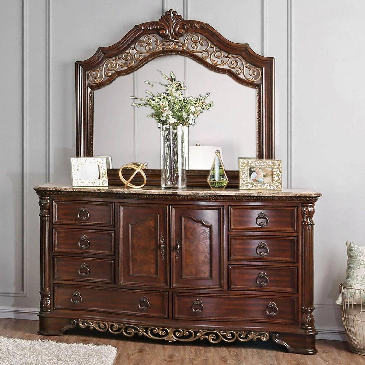 Brown Cherry Solid Wood King Bedroom Set 3pcs M60076