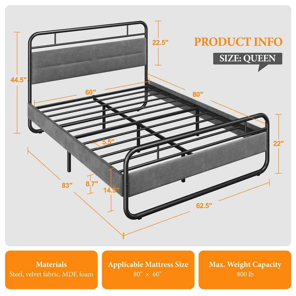 Queen Size Metal Platform Bed with Velvet Upholstered Headboard M347