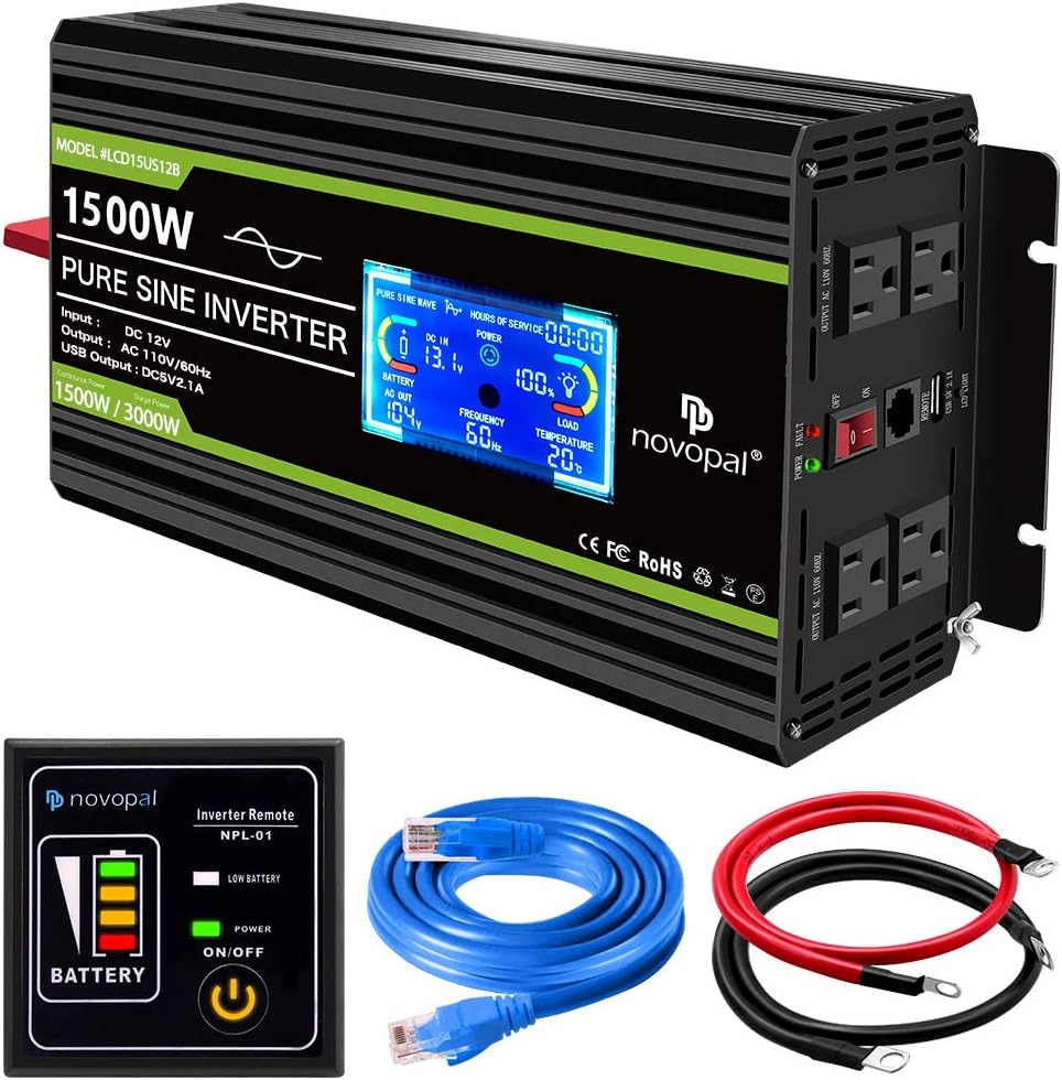 1500 Watt Pure Sine Wave Power Inverter DC 12V to 110V/120V with 4 AC Outlets and USB Port C199974