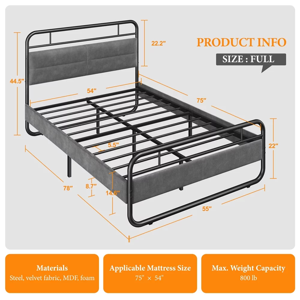 Queen Size Metal Platform Bed with Velvet Upholstered Headboard M347