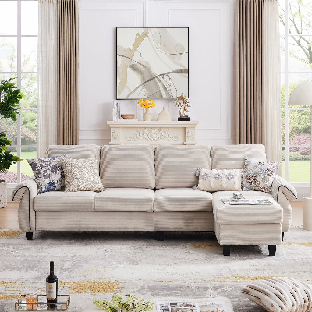 Grey Corduroy L Shaped Sectional Sofa with Reversible Ottoman V63626