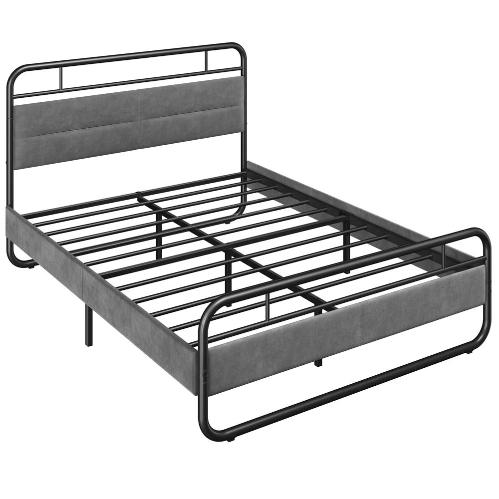 Queen Size Metal Platform Bed with Velvet Upholstered Headboard M347