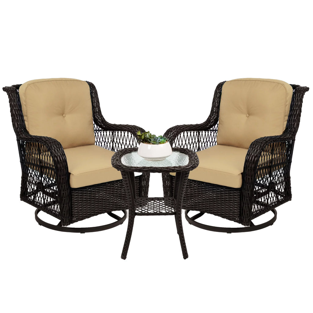 3-Piece Wicker Bistro Set with 2 Cushioned Swivel Rocking Chairs and Side Table B65814
