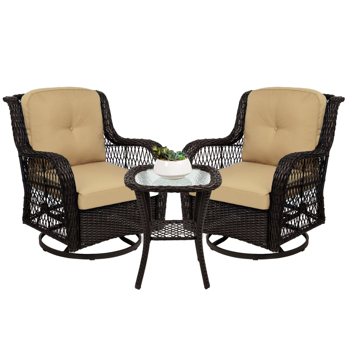 3-Piece Wicker Bistro Set with 2 Cushioned Swivel Rocking Chairs and Side Table B65814
