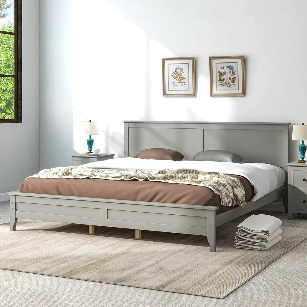 Gray Solid Wood Platform Bed Frame with Headboard X162859