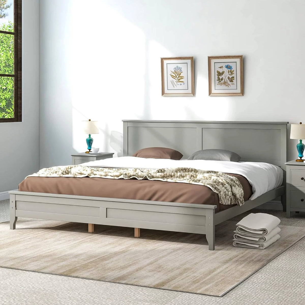 Gray Solid Wood Platform Bed Frame with Headboard X162859