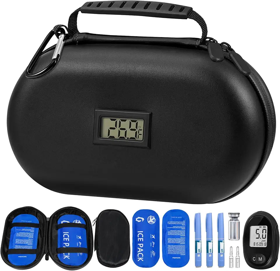 Insulin Cooler Travel Case TSA Approved with Thermometer Temperature Display and 2 Ice Packs Q388112