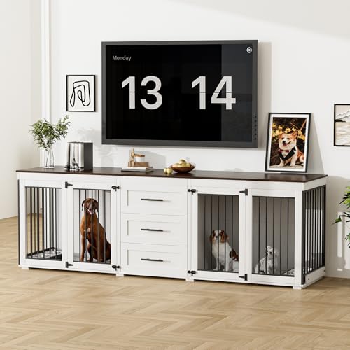 94.5" Dog Crate Furniture with 3 Storage Drawer, 4 Bowls, Grey J857326