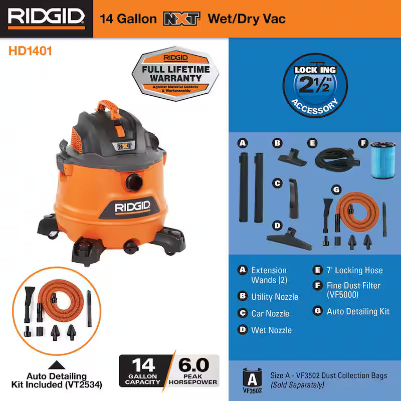 14 Gallon 6.0 Peak HP Wet/Dry Shop Vacuum with Fine Dust Filter, Hose and Accessories T420