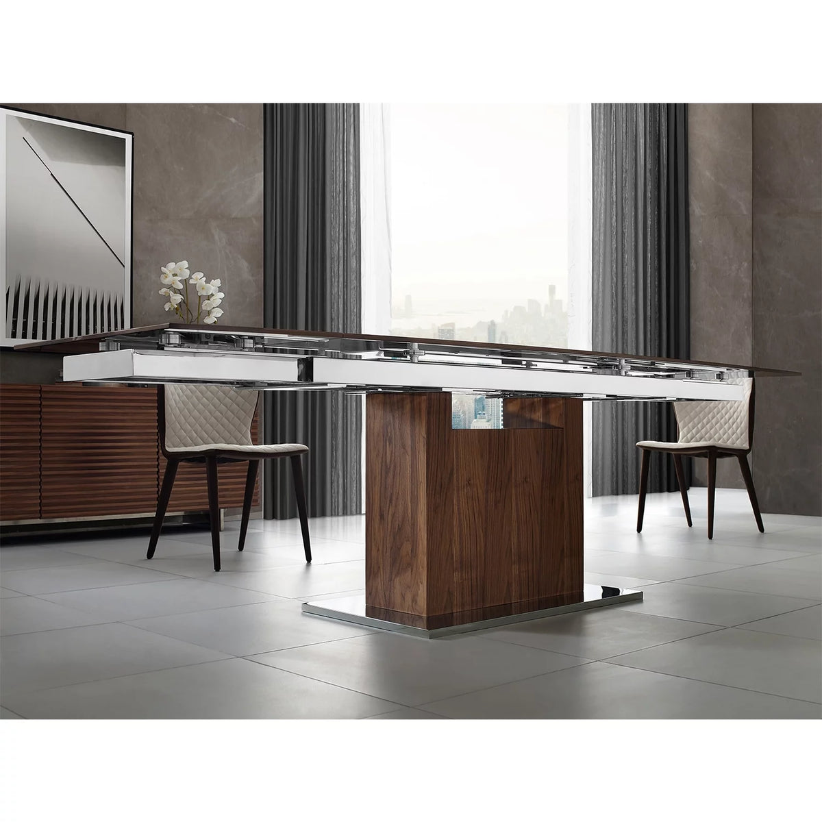 Gray Glass Dining Table with Walnut Veneer Base E9319