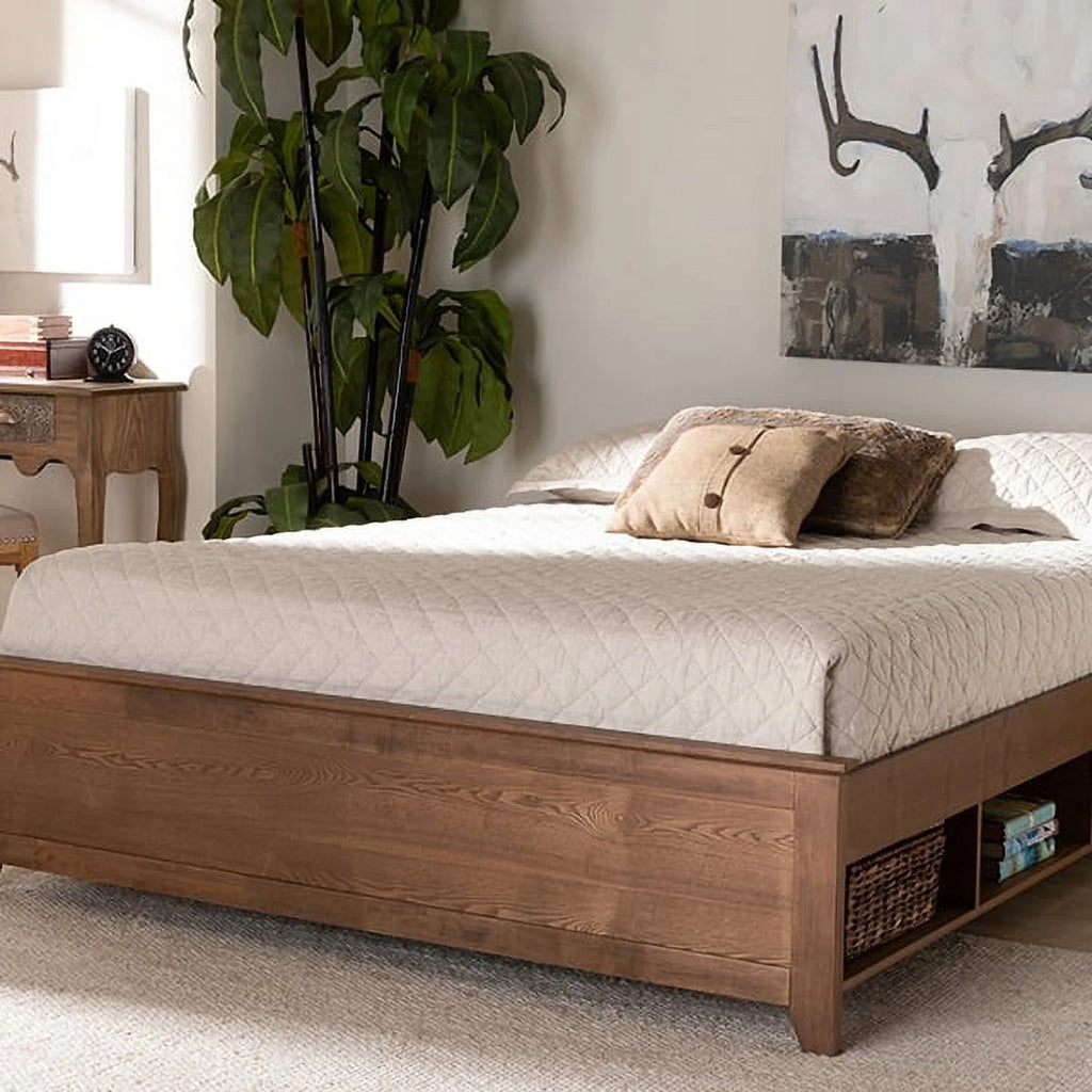 Queen Size Ash Walnut Brown Wood Storage Bed Frame G625