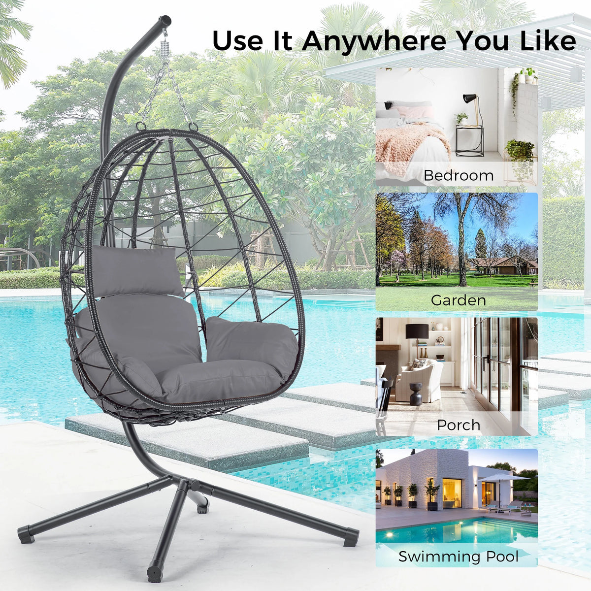Egg Chair with Stand, Steel Frame Swing Chair Max 350Lbs with Cushions & Pillow Gray Z942422