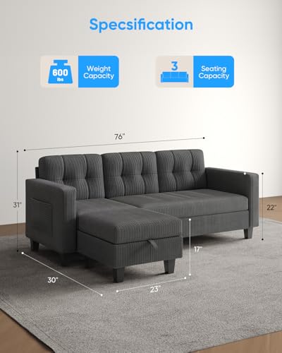 76 Inch Corduroy L Shaped Sectional Sofa with Storage Ottoman D73670