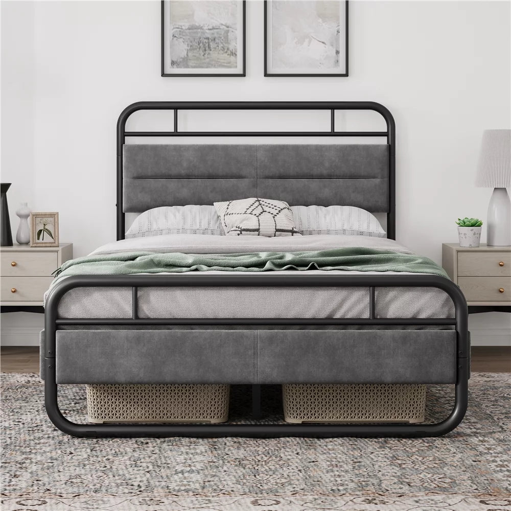 Queen Size Metal Platform Bed with Velvet Upholstered Headboard M347