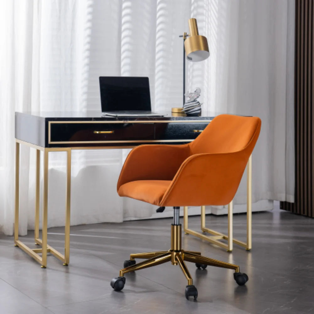 Orange Velvet Adjustable Height Office Chair with Gold Metal Legs and Wheels I26607
