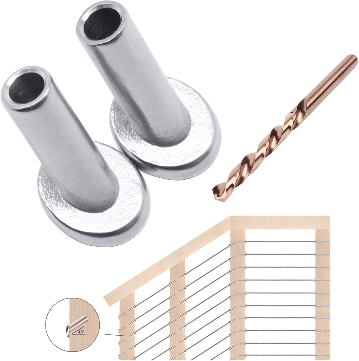 40 Pack 45 Degree T316 Marine Grade Stainless Steel Angle Beveled Protector Sleeves Wood Post Protector for 1/8", 5/32", 3/16" Wire Rope Cable Railing P322