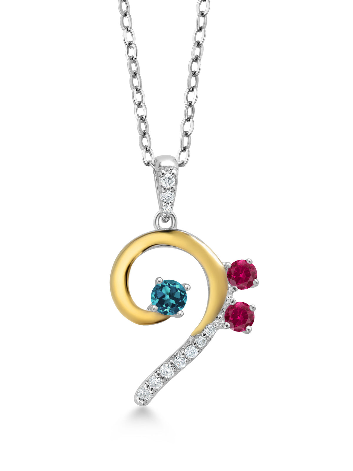 London Blue Topaz Red Created Ruby White Lab Grown Diamond Bass Clef Music Note Pendant Necklace with 18 inch Chain Y4041