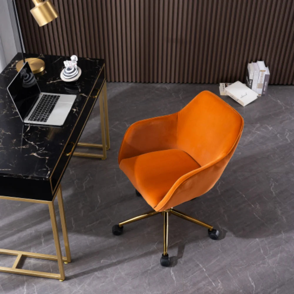 Orange Velvet Adjustable Height Office Chair with Gold Metal Legs and Wheels I26607