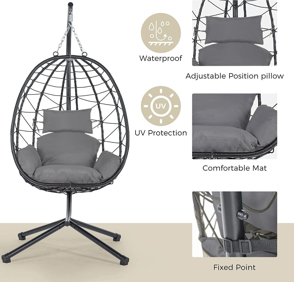 Egg Chair with Stand, Steel Frame Swing Chair Max 350Lbs with Cushions & Pillow Gray Z942422