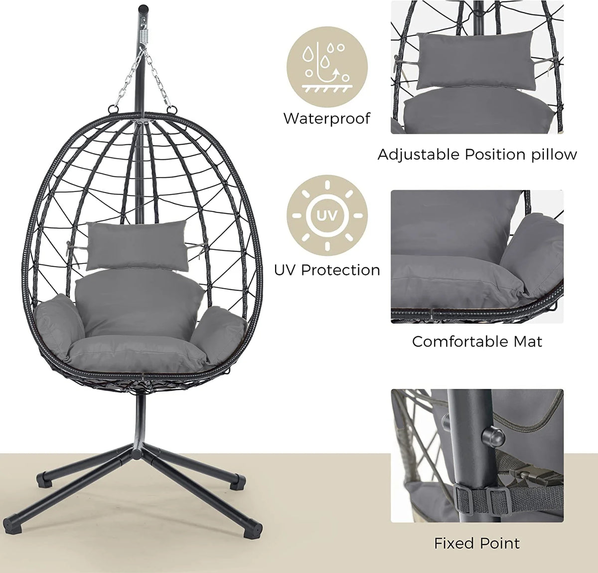 Egg Chair with Stand, Steel Frame Swing Chair Max 350Lbs with Cushions & Pillow Gray Z942422