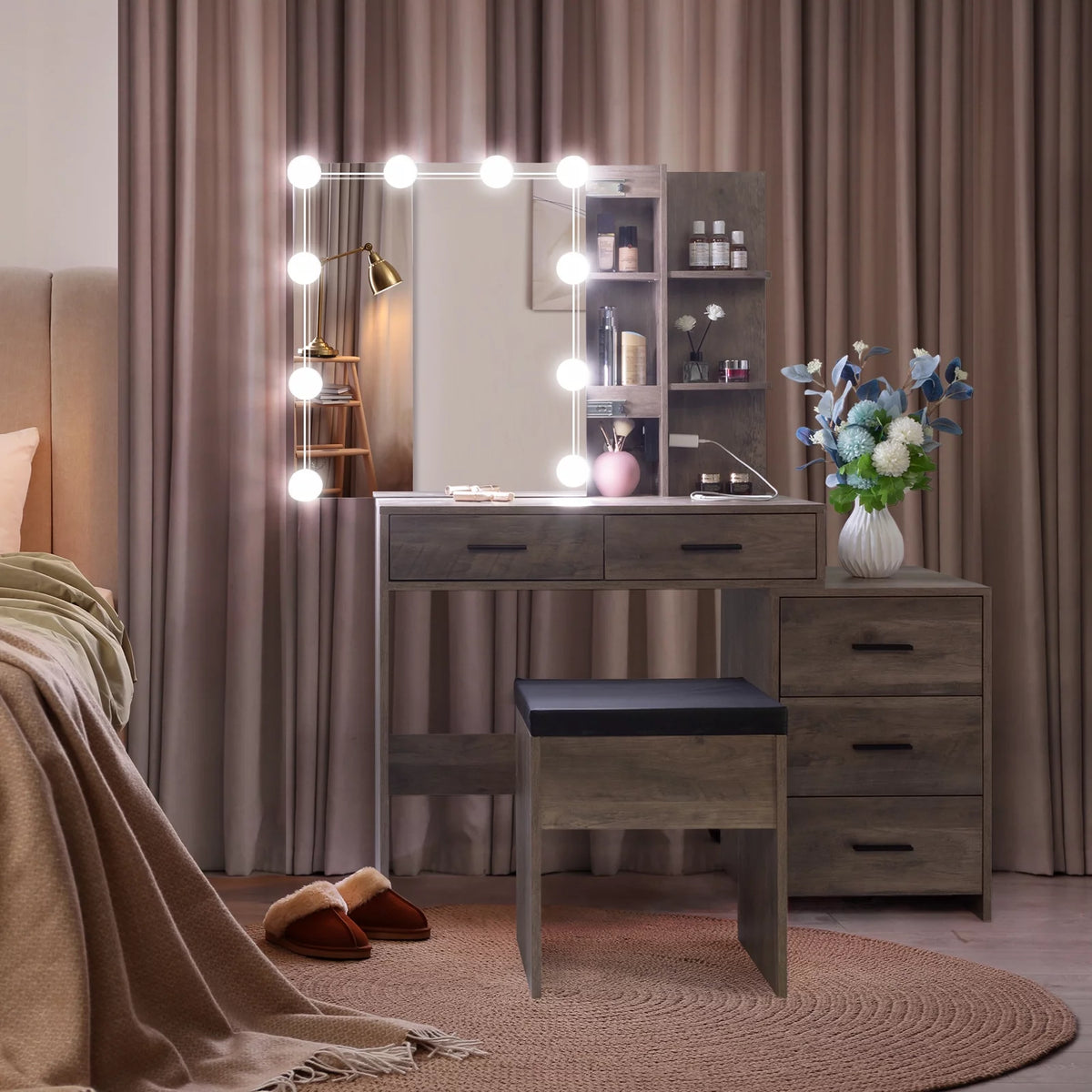 Lighted Vanity Makeup Table Set with Sliding Mirror and Cushioned Stool H8244