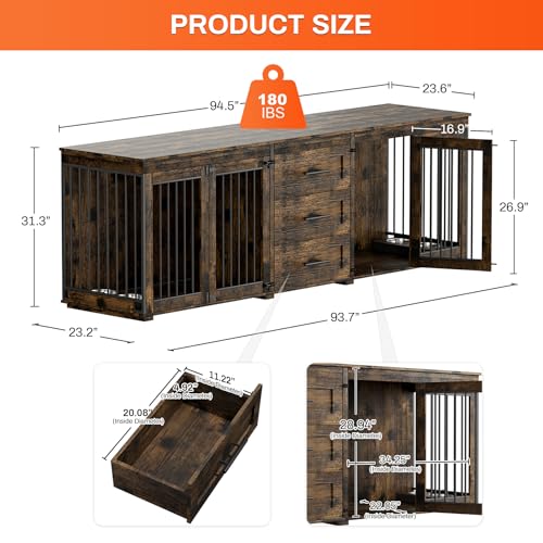 94.5" Dog Crate Furniture with 3 Storage Drawer, 4 Bowls, Grey J857326