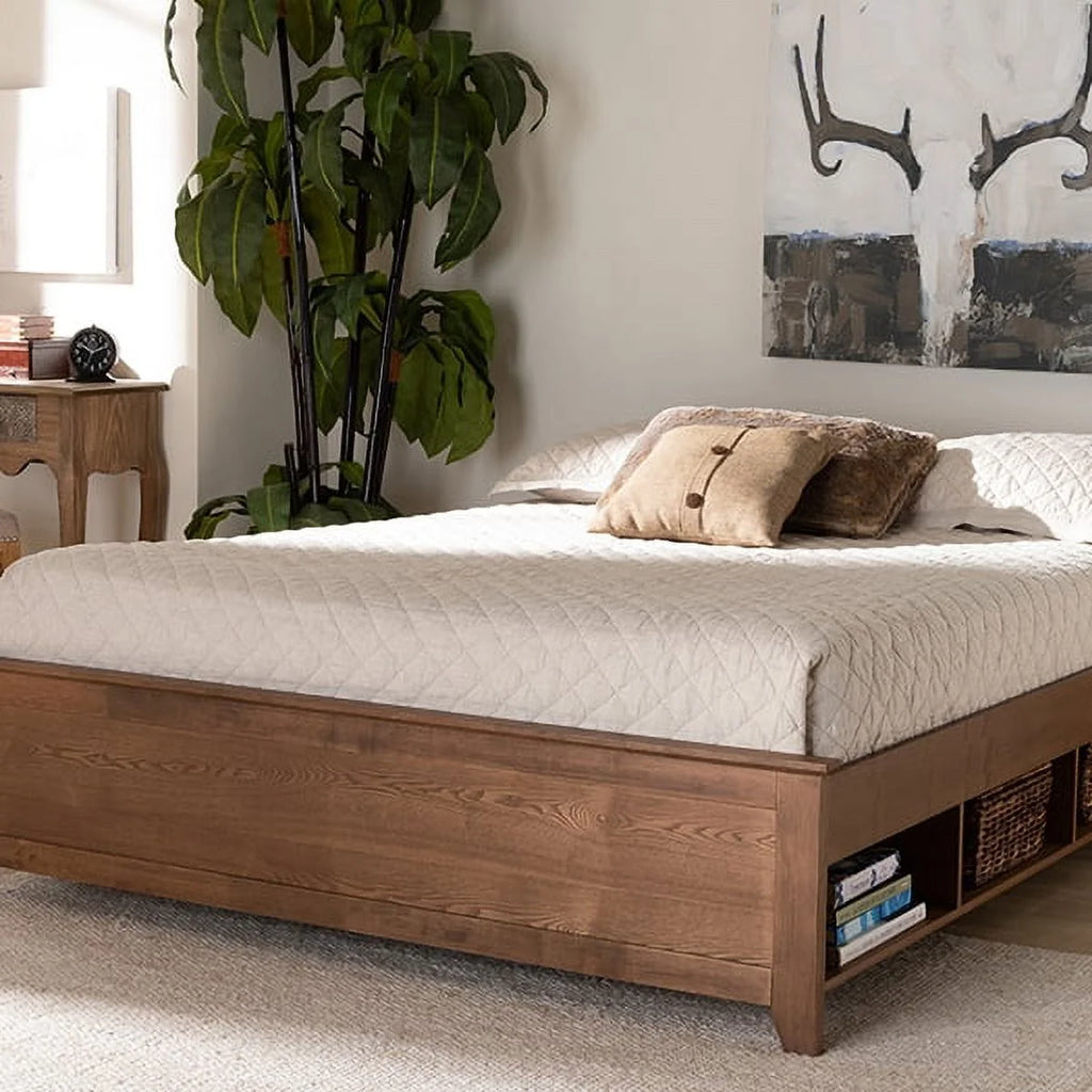 Queen Size Ash Walnut Brown Wood Storage Bed Frame G625