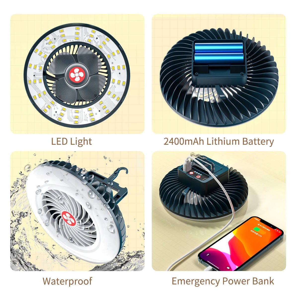 LED Hanging Fan 2 in 1 Camping Tent Fan with Hanging Hook Back Magnet LED Ceiling Fan V4964
