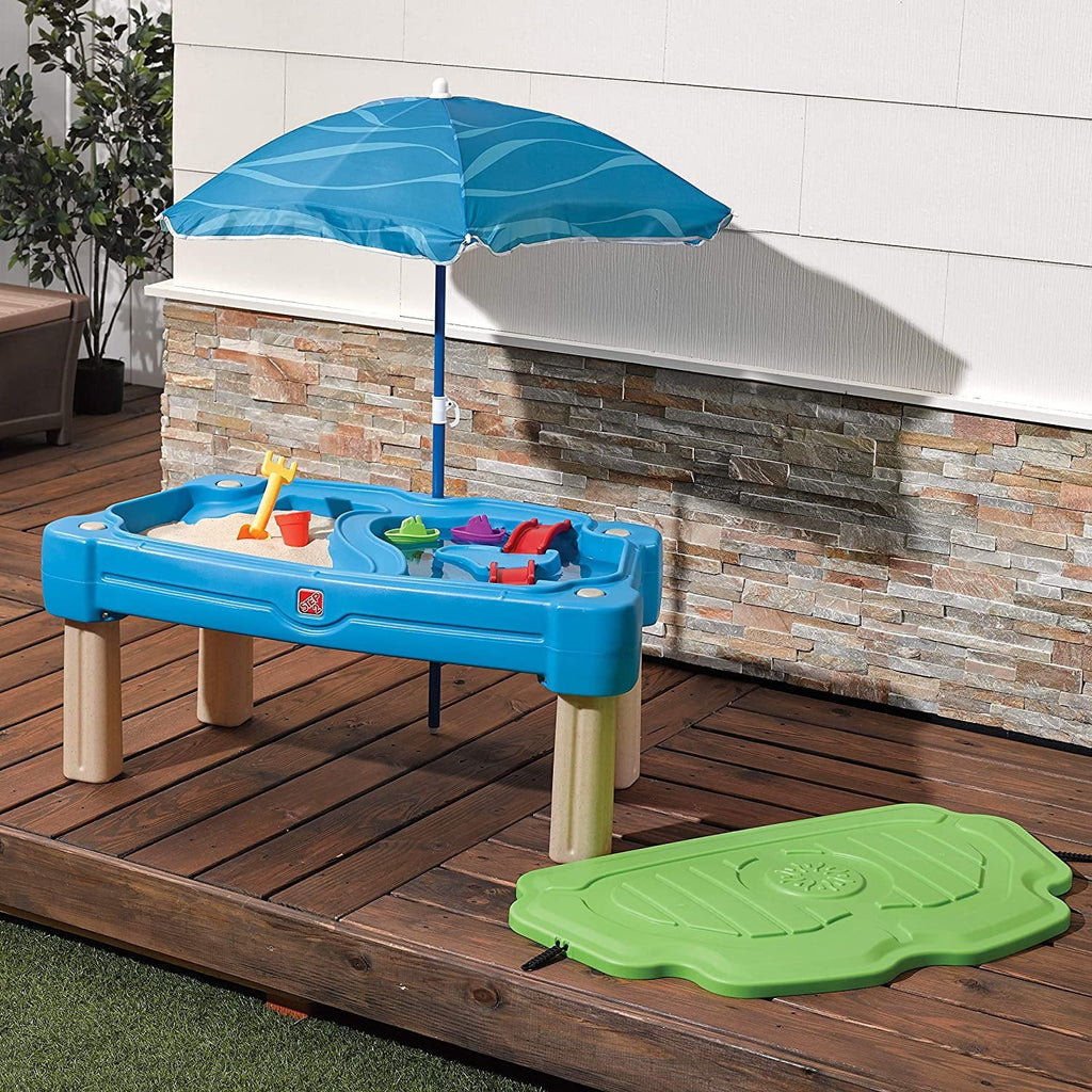 Blue Plastic Sandbox and Water Table with Cover and Umbrella C485
