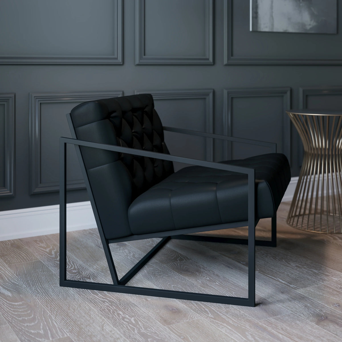 Black Faux Leather Lounge Chair with Dark Gray Metal Frame Z234