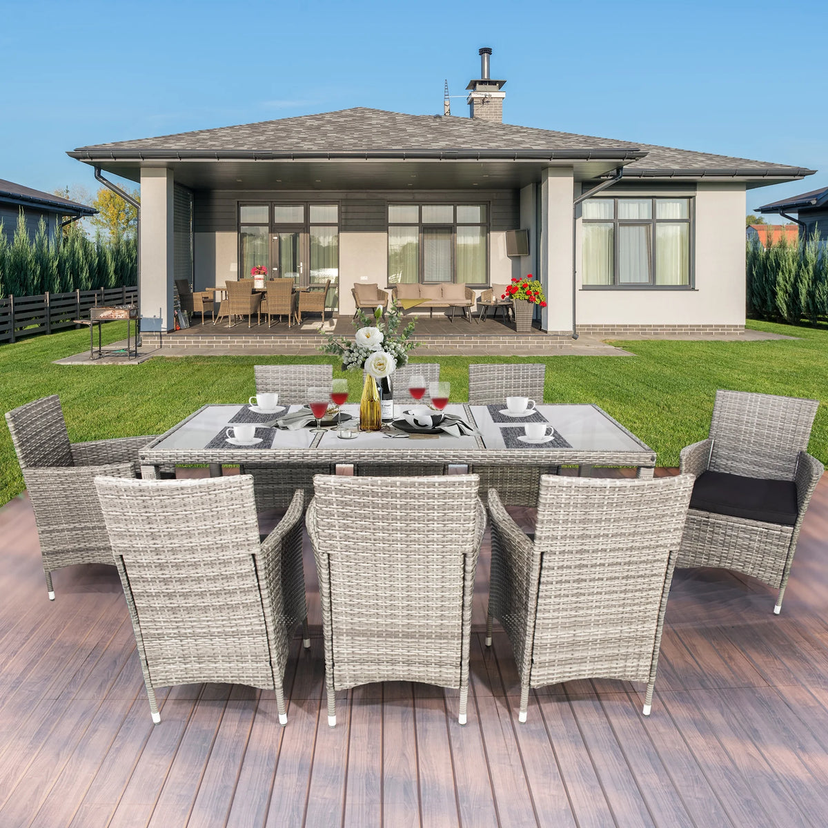 9 Pieces Wicker Outdoor Dining Set with Glass Tabletop and Cushioned Chairs C4544